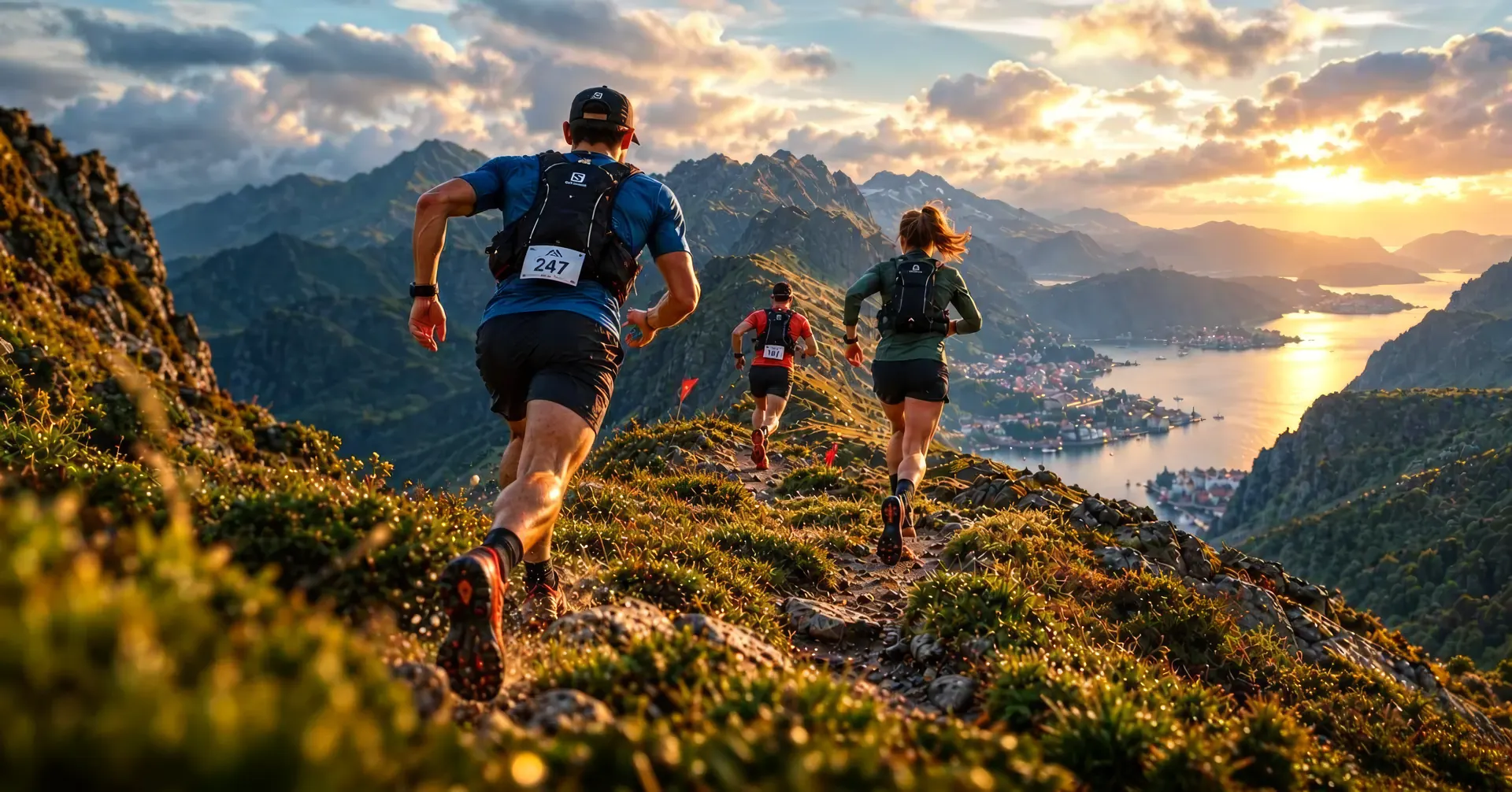 Drei Trailrunner laufen bei Sonnenuntergang über einen grasigen Bergkamm, unter ihnen ein Fjord mit einer beleuchteten Küstenstadt